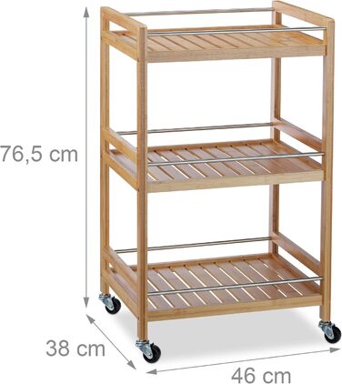 Relaxdays Servierwagen Bambus, 3 Ablagen, 360° Rollen, Edelstahl-Stangen, HBT: 76,5x46x38 cm