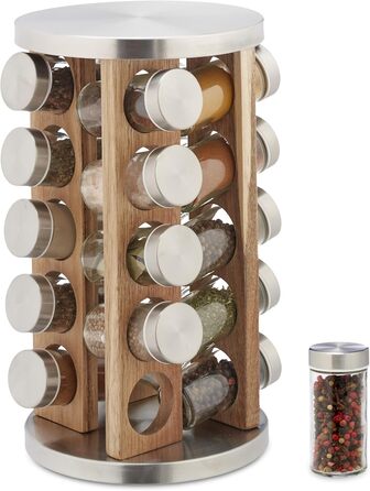 Relaxdays Gewürzkarussell, 20 Gläser, 360° drehbar, Regal HxD: 34x19,5 cm, Edelstahl & Holz, silber/natur