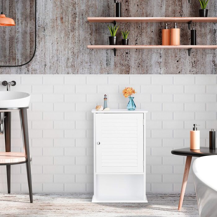 Relaxdays Badschrank, 3 Fächer, Lamellentür, 70x42x16,5 cm, platzsparend, weiß
