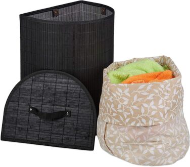 Relaxdays Wäschekorb Bambus, 30 l, faltbar, halbrund, mit Deckel, für Bad & Schlafzimmer, Schwarz