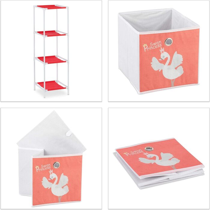 Relaxdays Kinderregal mit  Spielzeug, Mädchen, Schwan-Design, Regal Kinderzimmer, HBT: 62 x 53 x 30 cm, weiß/rot (3 Boxen)