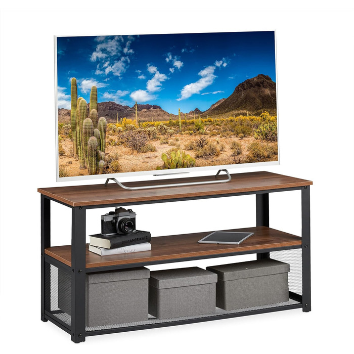 Relaxdays TV Bank, 3 Ablagen, Metall, Holzmaserung, für Wohnzimmer, Industrial, Couchtisch, HxBxT: 51x100x40 cm, braun