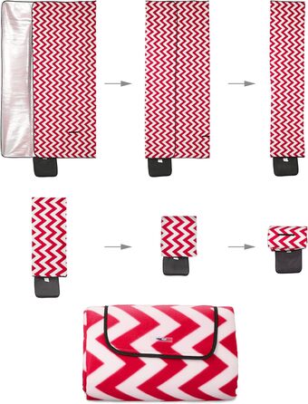 Relaxdays XXL Picknickdecke, 200x300 cm, isolierte Unterseite, Tragegriff, Fleece Stranddecke, Zickzack, weich, rot/weiß