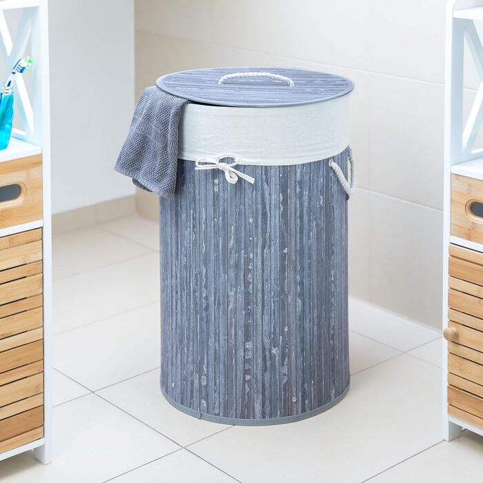 Relaxdays Wäschekorb Bambus, faltbar, mit Deckel, 70 l, Wäschesack Baumwolle, rund Ø 41 cm, Grau