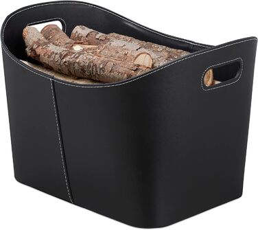 Relaxdays, schwarz Kaminholzkorb Kunstleder XL, stabiler Feuerholzkorb mit Tragegriffen, für Brennholz & Zeitungen, oval, 80% Pappe XL Single