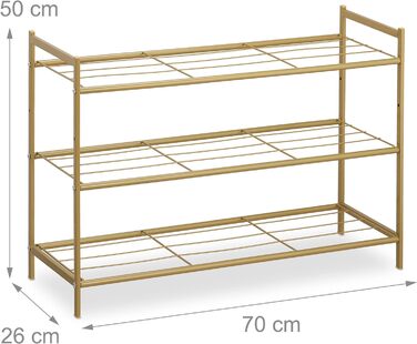 Relaxdays Metall Schuhregal, 3 Ebenen, erweiterbar, Flur Schuhgestell HBT 50 x 70 x 26 cm, 9 Paar Schuhe, offen, gold
