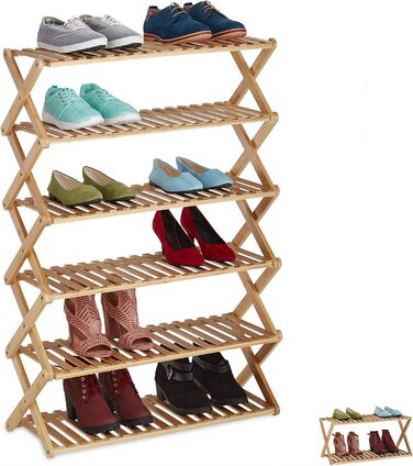 Relaxdays Schuhregal Bambus, faltbar, 6 Ebenen, 18 Paar Schuhe