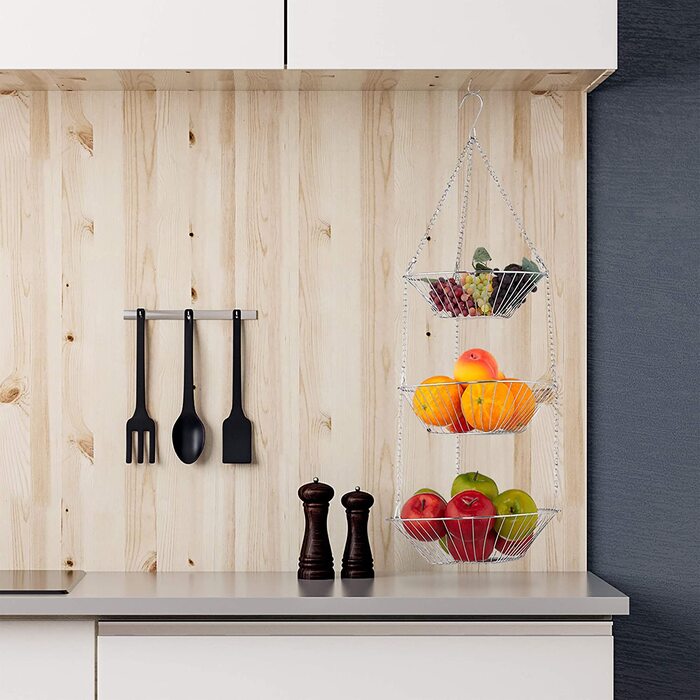 Relaxdays Hängekorb 3 Etagen, Obstkörbe, 3er Etagere für Decke, platzsparend in Küche, Stahl, silber, 73x28x28cm