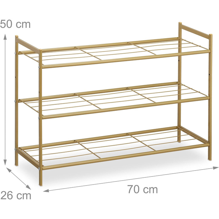 Relaxdays Metall Schuhregal, 3 Ebenen, erweiterbar, Flur Schuhgestell HBT 50 x 70 x 26 cm, 9 Paar Schuhe, offen, gold