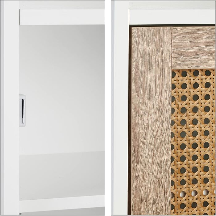 Relaxdays Badezimmerschrank, 3 Fächer, 96,5x30x30 cm, schmal, Rattan-Tür, weiß/Natur
