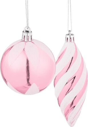 Relaxdays Weihnachtskugeln 72er Set, glitzernd/matt/glänzend, Baumkugeln, Stiefel, Herz, Zapfen, rosa
