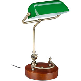 Relaxdays Bankerlampe, neigbarer Glasschirm, Holzfuß, E27-Fassung, Schreibtischlampe Retro, Bibliothekslampe, grün-braun, 42 x 26 x 25 cm