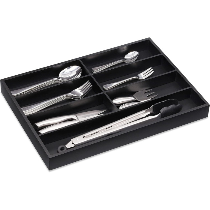 Relaxdays Besteckkasten Bambus, 7 Fächer, HBT 4 x 44 x 30,5cm, schwarz