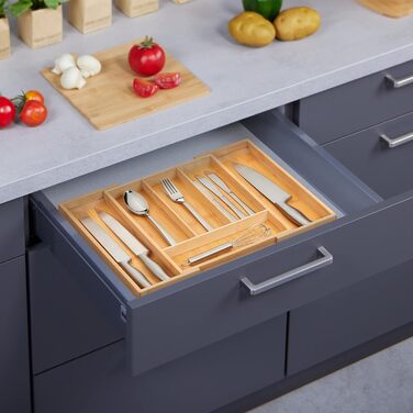 Relaxdays Besteckkasten, Bambus, HBT: 5 x 29-47,5 x 35,5 cm, 4-6 Fächer, Schubladeneinsatz, natur