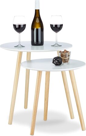 Relaxdays Beistelltisch 2er Set skandinavisch, 70er Design, Nachttische, Satztische, Durchmesser 39 und 47,5 cm, weiß, 47.5 x 47.5 x 47 cm