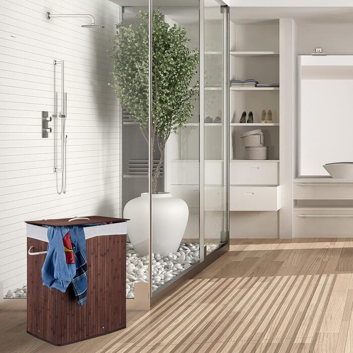 Relaxdays Wäschekorb Bambus mit Deckel, rechteckiger Wäschesammler, 2 Fächer, 95 l Volumen, faltbare Wäschebox, (Braun)
