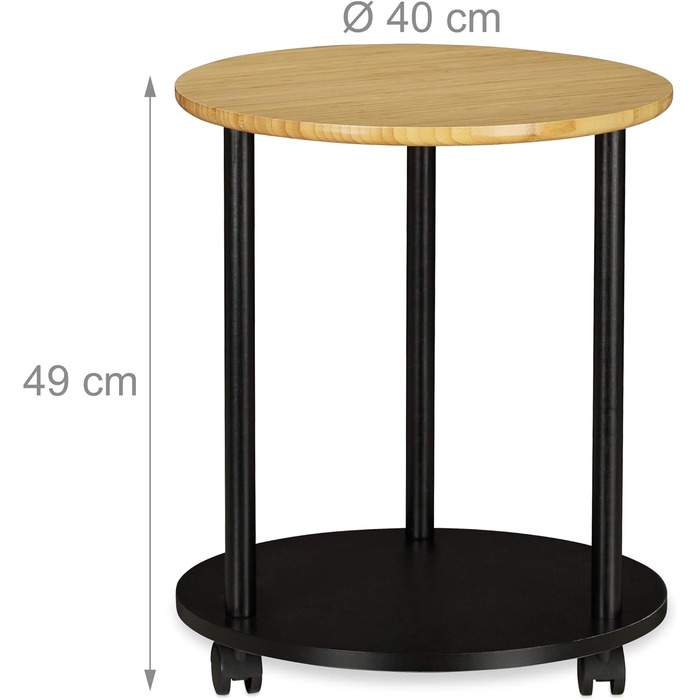 Relaxdays runder Beistelltisch, fahrbar, modernes Design, Bambus, HxD: 59x60 cm, schwarz/natur