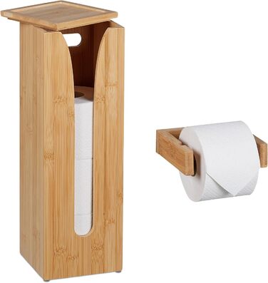 Relaxdays Toilettenpapierhalter Set, Bambus, 4 Rollen, WC-Rollenhalter Wandmontage & Ersatzrollenhalter stehend, natur