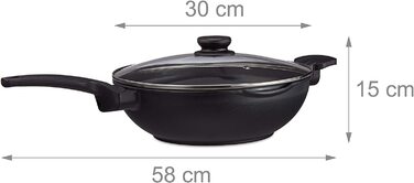 Relaxdays Wokpfanne mit Glasdeckel 30 cm, Wok mit Antihaftbeschichtung für Gas-, Elektroherd, Griff, 4 Liter, schwarz