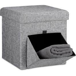 Relaxdays Faltbarer Sitzhocker, Leinen, Aufbewahrungsbox, abnehmbarer Deckel, 38x38x38 cm, grau