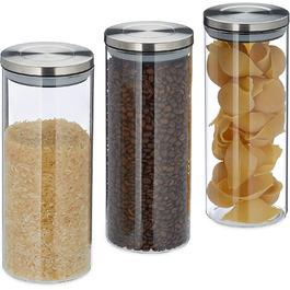 Relaxdays Vorratsglas 3er Set, luftdicht, Edelstahl Deckel, für Pasta, Müsli & Reis, 1,5 l Küchenbehälter, Silbertransparent,
