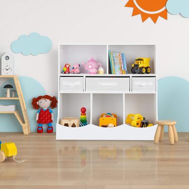 Relaxdays Kinderregal für Spielsachen & Bücher, HBT: 75 x 80 x 40 cm, 8 Fächer, Mädchen & Jungen, Spielzeugregal, weiß, MDF Platten, Stoff, 1 Stück