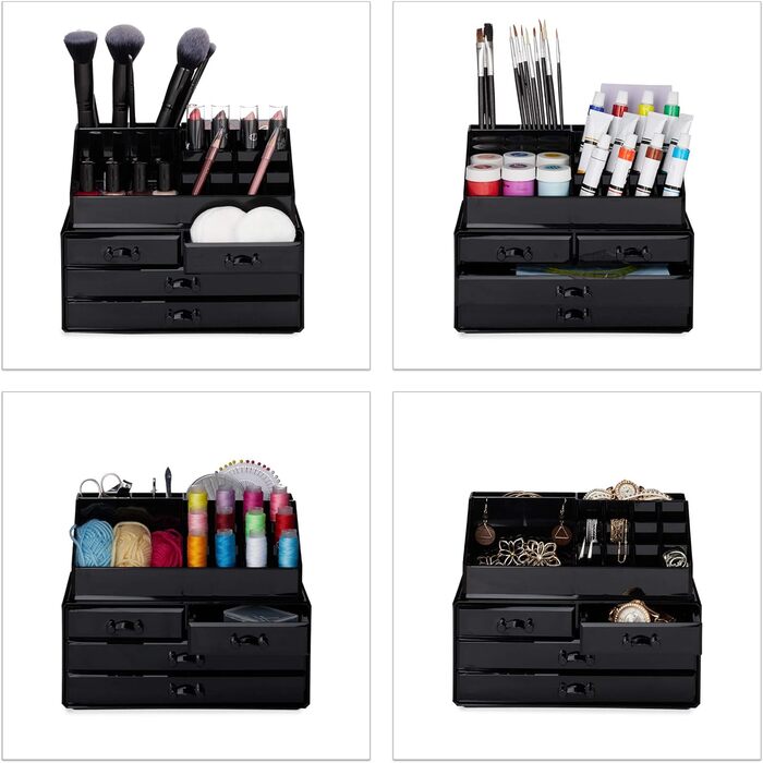 Relaxdays 1 x Make Up Organizer klein, 2-teilige Schmink Aufbewahrung Acryl, mit Lippenstifthalter und 4 Schubladen, schwarz 1 Schwarz 1 Stück