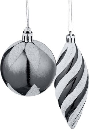 Relaxdays Weihnachtskugeln 72er Set, glitzernd/matt/glänzend, Baumkugeln/Stiefel/Herz/Zapfen, schwarz