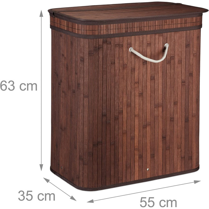 1x Wäschekorb Bambus, rechteckig, 2 Fächer, Klappdeckel, faltbar, 95 l, braun