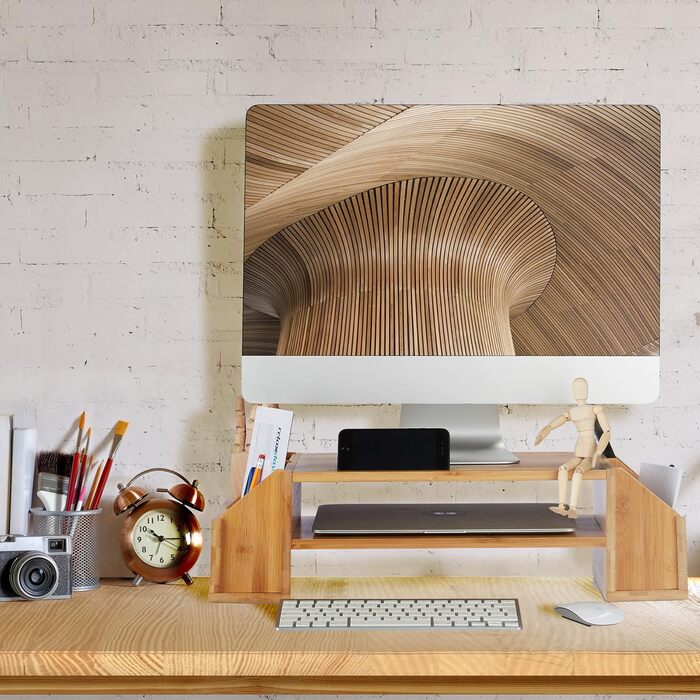 Relaxdays Monitorständer Bambus, Ablagen & Fächer, 16x57,5x25 cm, Bildschirmständer Natur