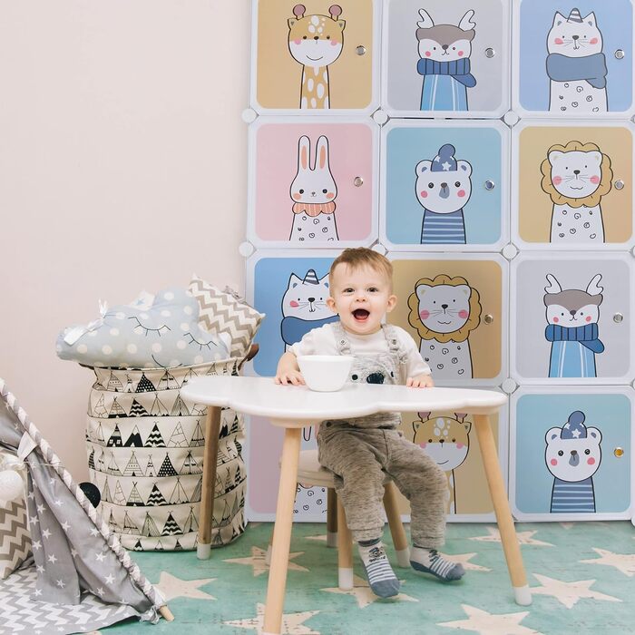 Relaxdays Steckregal Kinder, 2 Kleiderstangen, Türen mit Tierkindern, HBT: 145x110x37 cm, DIY Kinderkleiderschrank, weiß