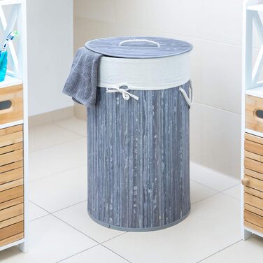 Relaxdays Wäschekorb Bambus, faltbar, mit Deckel, 70 l, Wäschesack Baumwolle, rund Ø 41 cm, Grau