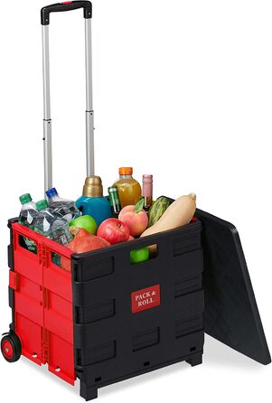 Relaxdays Einkaufstrolley klappbar, bis 35 kg, 50 l Kiste, mit Teleskopgriff, 2 Rollen, Transport Trolley, rot/schwarz