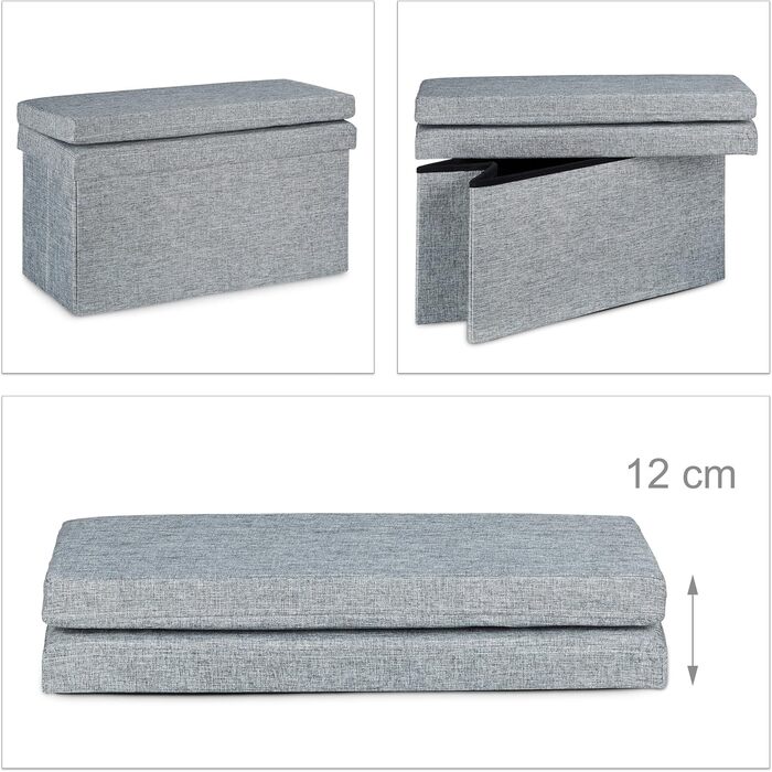 Relaxdays Faltbarer Sitzhocker mit Lehne, 73x76x38 cm, Sitzbank & Sitzcube, Leinen, Stauraum, grau