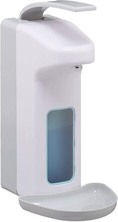 Relaxdays Eurospender, 1000 ml, Tropfschale, Armhebel, Desinfektionsmittel, Seife, Wandbefestigung, Hygienespender, weiß
