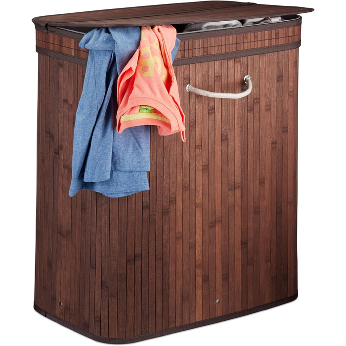 1x Wäschekorb Bambus, rechteckig, 2 Fächer, Klappdeckel, faltbar, 95 l, braun