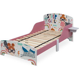 Relaxdays Kinderbett, HBT 60 x 94 x 143 cm, Kleinkindbett mit Ablage, Rausfallschutz, Lattenrost, Superheldin, MDF, bunt