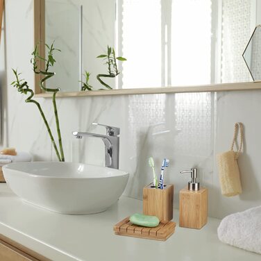 Relaxdays Badaccessoires Bambus, 3-teiliges Badezimmer Set aus Seifenspender, Seifenschale u. Zahnbürstenhalter, natur, 10 x