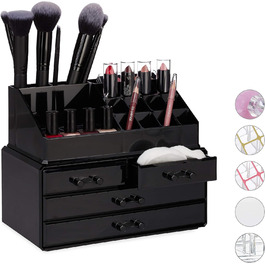 Relaxdays Make Up Organizer Acryl, 2-teilige Schminkaufbewahrung mit Lippenstifthalter und 4 Schubladen,  19 x 24 x 13.5 cm (Schwarz)