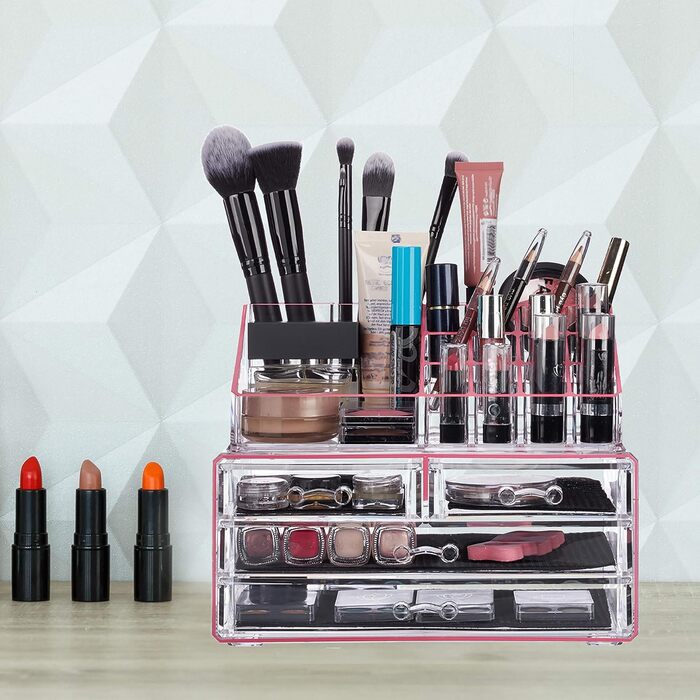 Relaxdays Make Up Organizer Acryl, 2-teilige Schminkaufbewahrung mit Lippenstifthalter und 4 Schubladen,  19 x 24 x 13.5 cm (Transparent/Pink)