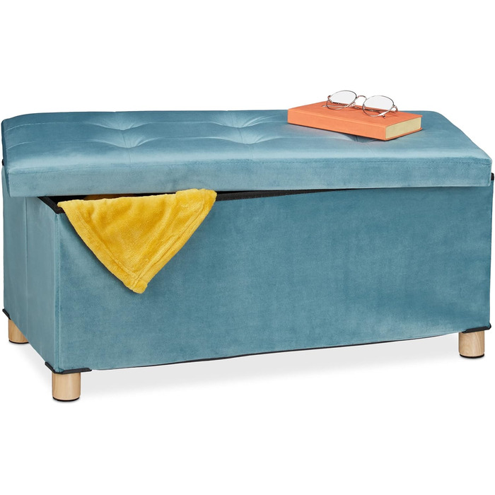 Relaxdays Sitzbank mit Stauraum, Samt, Holzfüße, bis 120 kg, faltbar, 34x76x38 cm, Türkis