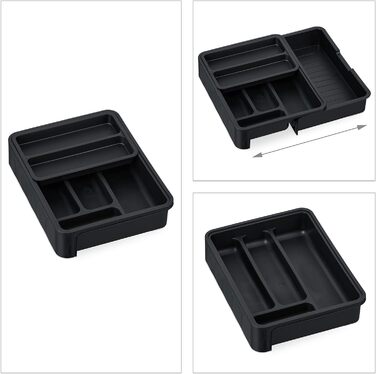 Relaxdays Besteckkasten, ausziehbar, HxBxT: 6,5 x 23,5-40 x 31,5 cm, 7 Fächer, Kunststoff, schwarz