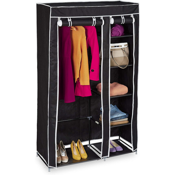 Relaxdays 1 x Stoffschrank, mit Kleiderstange & 5 Fächern, HBT: 174 x 107 x 42,5 cm, Stabiler Faltschrank mit Bezug, schwarz