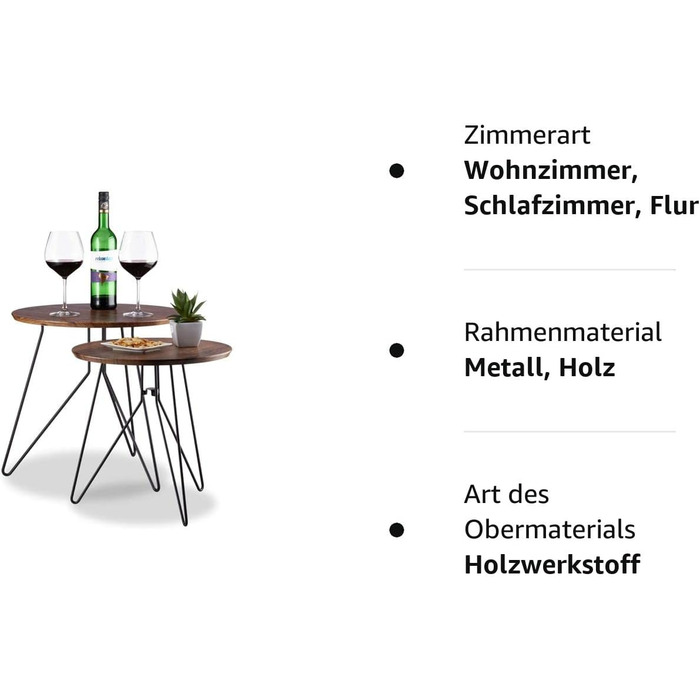 Relaxdays Beistelltisch 2er-Set, runde Satztische mit Metallgestell, Ablagetische, Tischplatte 40 u. 48 cm, MDF,  Standard (Braun)