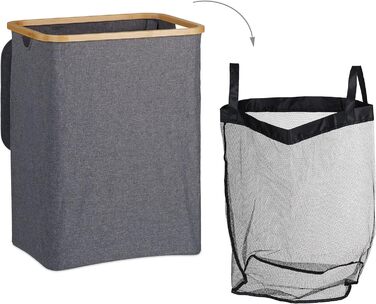 Relaxdays Wäschekorb mit Deckel, 130 l, Wäschesammler Bambus & Polyester, tragbar, atmungsaktiver Wäschesack, grau/Natur, 90 10, 67.5 x 56.5 x 37.5 cm 67.5 x 56.5 x 37.5 cm Grau/Natur