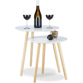 Relaxdays Beistelltisch 2er Set skandinavisch, 70er Design, Nachttische, Satztische, Durchmesser 39 und 47,5 cm, weiß, 47.5 x 47.5 x 47 cm