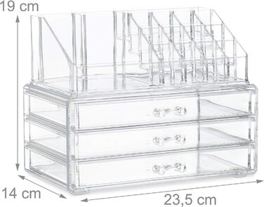 Relaxdays Make Up Organizer klein, 2-teilige Schminkaufbewahrung mit Schubladen, stapelbares Kosmetikregal,  1 Stück (Transparent)