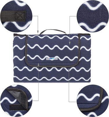 Relaxdays XXL Picknickdecke, 200x200 cm, Fleece Stranddecke, wärmeisoliert, wasserdicht, mit Tragegriff, dunkelblau/weiß