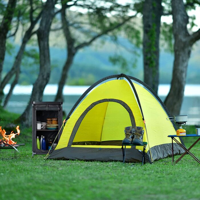 Relaxdays Campingschrank mit 2 Ablagen, HBT: 87x47,5x47,5 cm, Campingregal mit Tischaufsatz, Stauraum im Vorzelt, grau