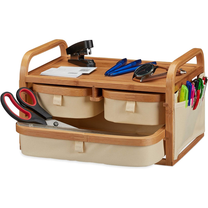 Relaxdays, Natur Mini Kommode Bambus, 3 Fächer, kleines Badregal, Stoff, Kosmetikorganizer Landhaus, HBT 19 x 34 x 23 cm, Standard